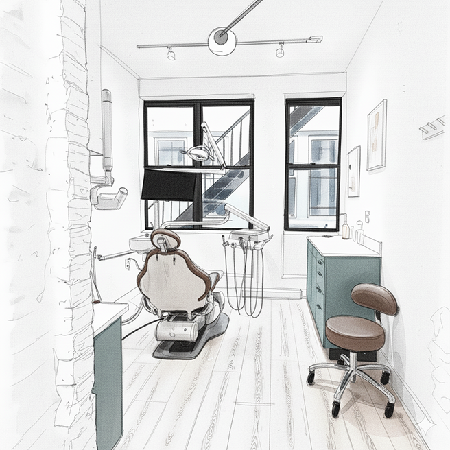 Illustrated modern dental treatment room with dental chair, overhead light, and equipment, showing a clean and patient-focused clinic layout.